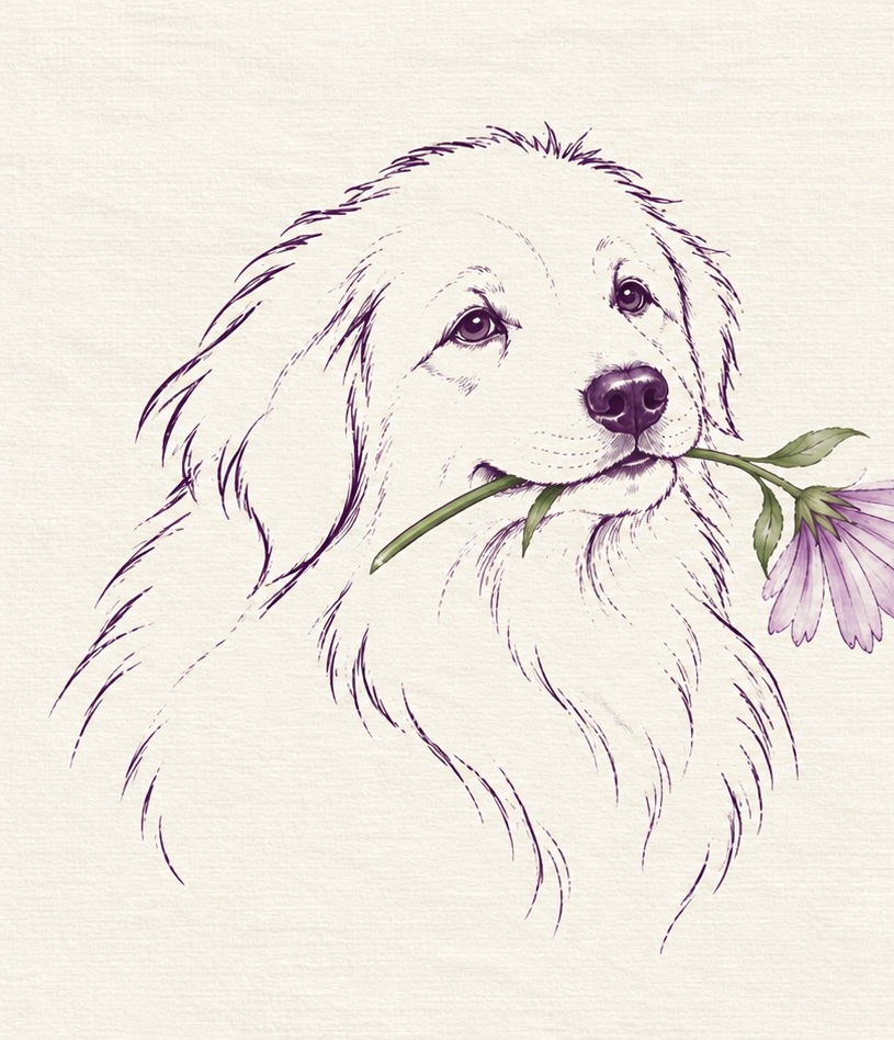 Delicate purple line illustration of a dog holding a lavender flower